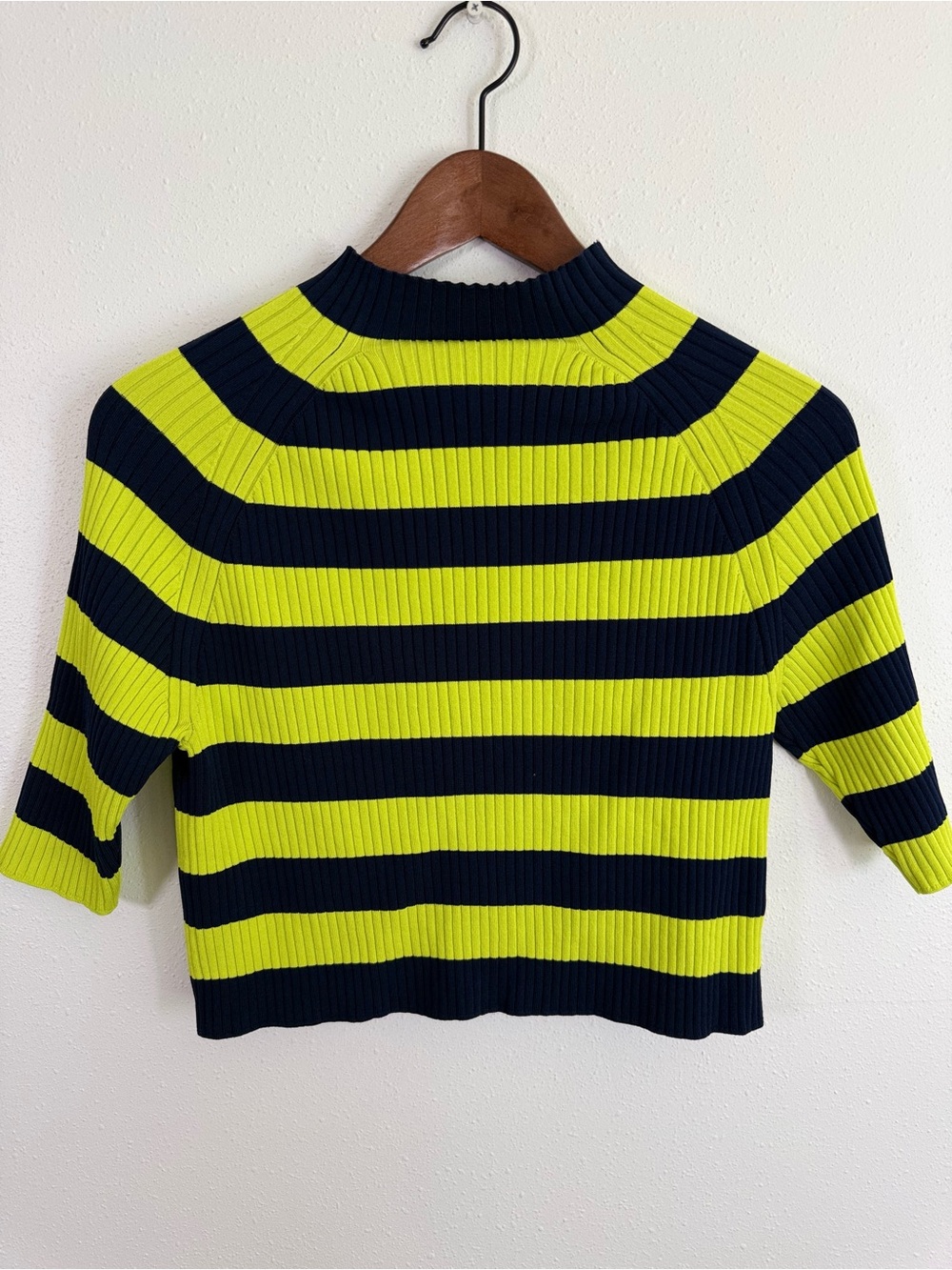 Michael Kors Neon Yellow Navy Striped Ribbed Mock Neck Sweater Top L